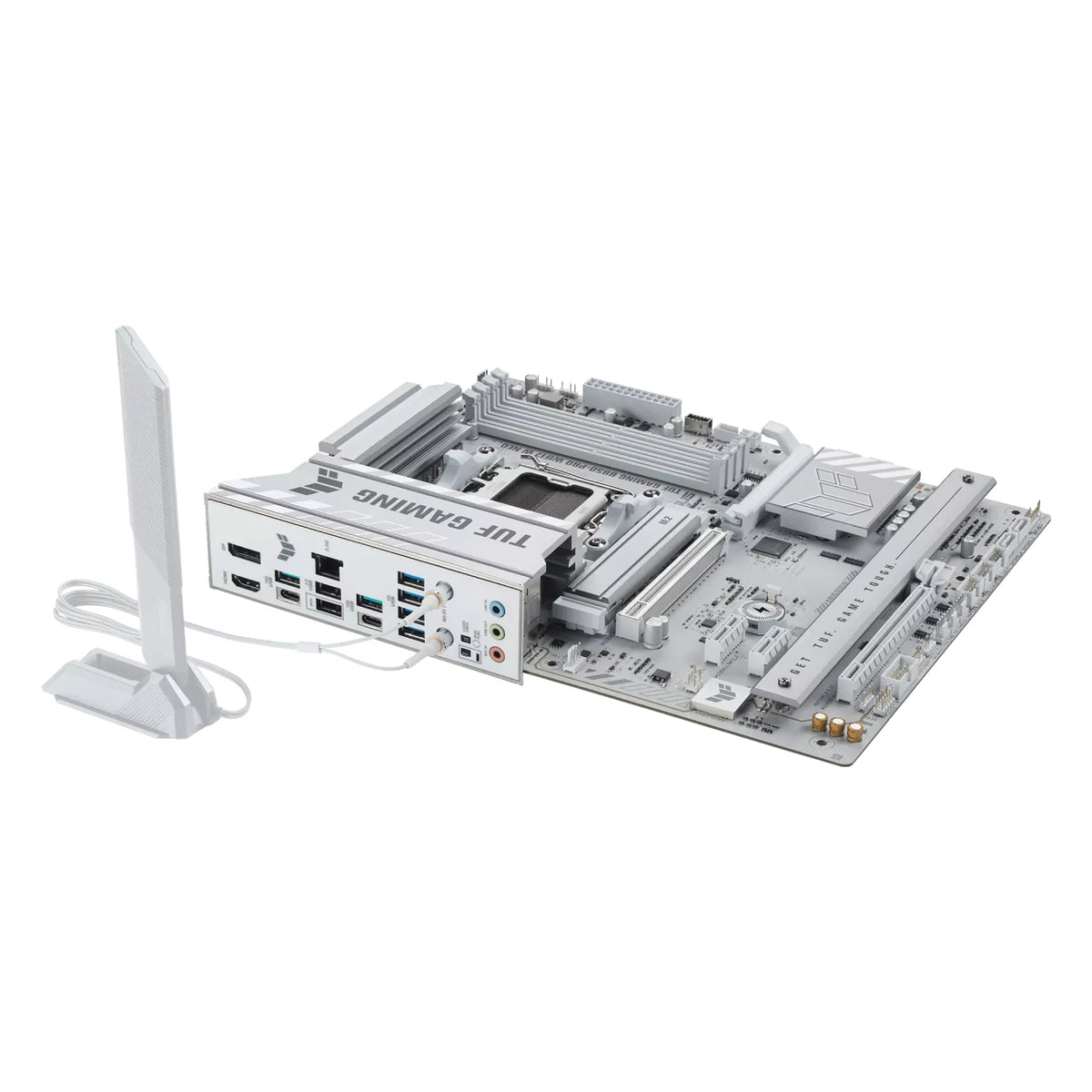ASUS TUF GAMING B850-PRO WIFI7 W NEO — vue avec antenne Wi-Fi sur fond blanc carré — réf. 90MB1NW0-M0EAY0