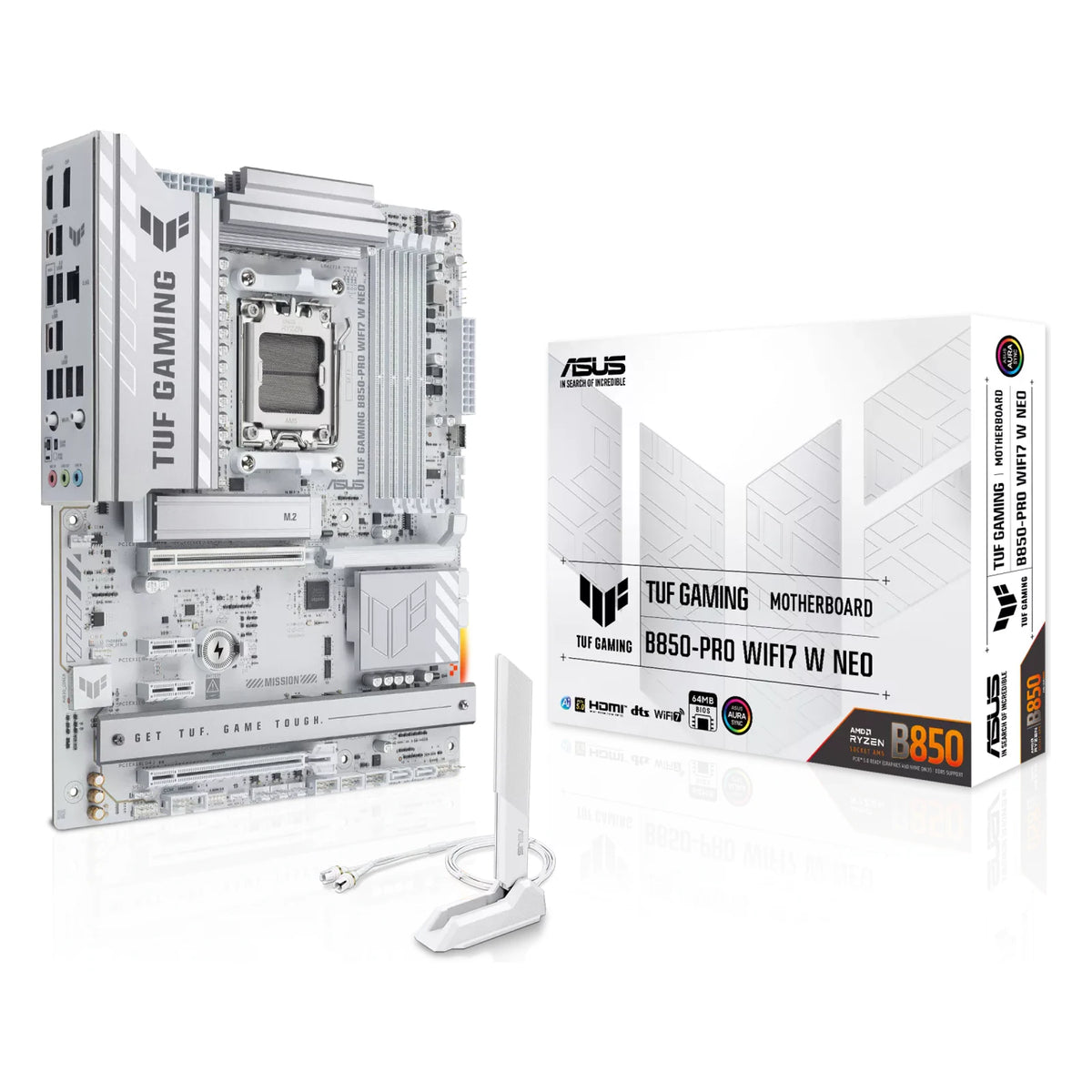 ASUS TUF GAMING B850-PRO WIFI7 W NEO — vue en perspective à 45 degrés sur fond blanc carré — réf. 90MB1NW0-M0EAY0