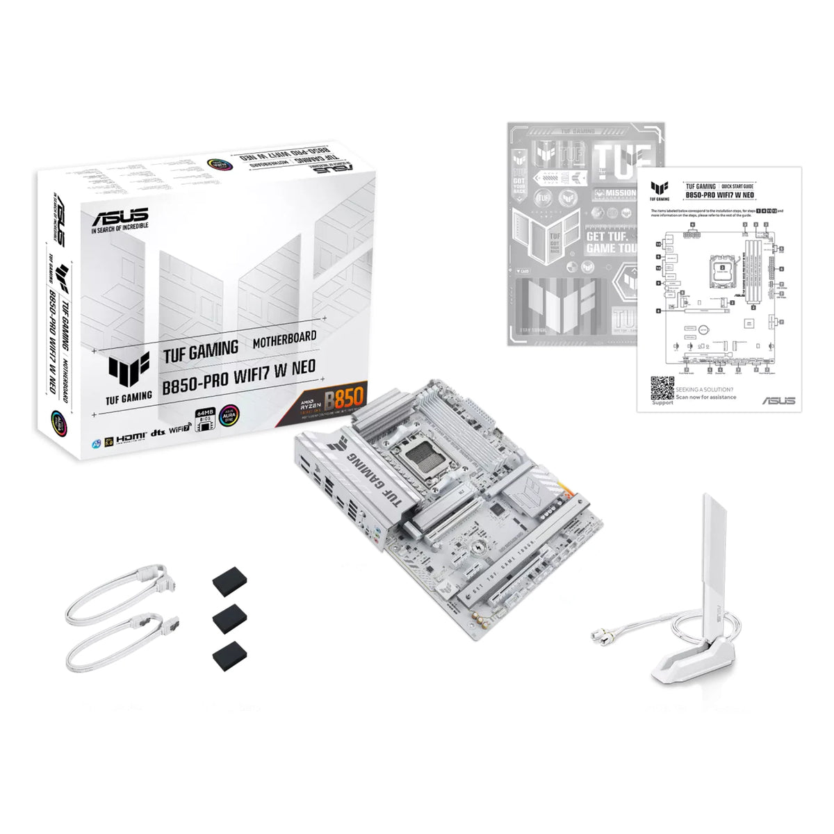 ASUS TUF GAMING B850-PRO WIFI7 W NEO — contenu de la boîte sur fond blanc carré — réf. 90MB1NW0-M0EAY0