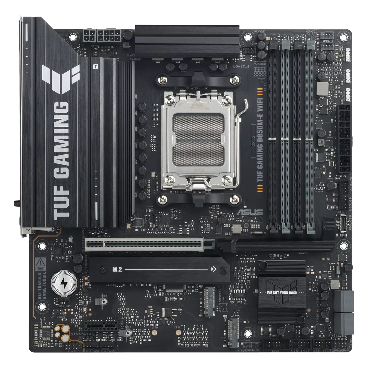 ASUS TUF GAMING B850M-E WIFI — vue principale sur fond blanc carré — réf. 90MB1LS0-M0EAY0