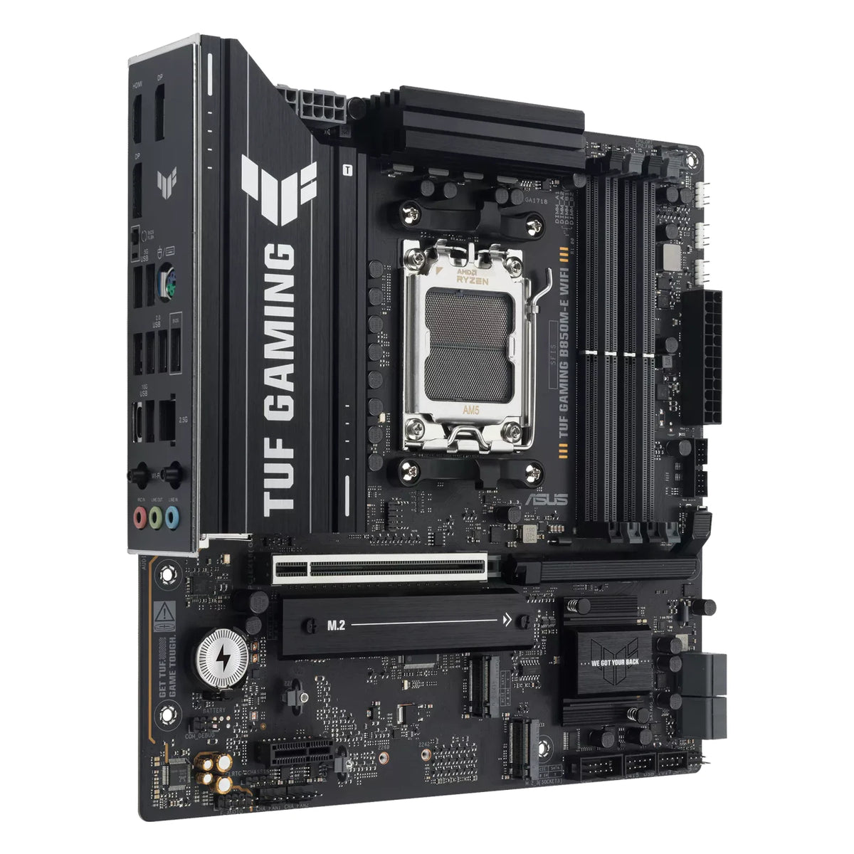ASUS TUF GAMING B850M-E WIFI — vue produit 2 sur fond blanc carré — réf. 90MB1LS0-M0EAY0