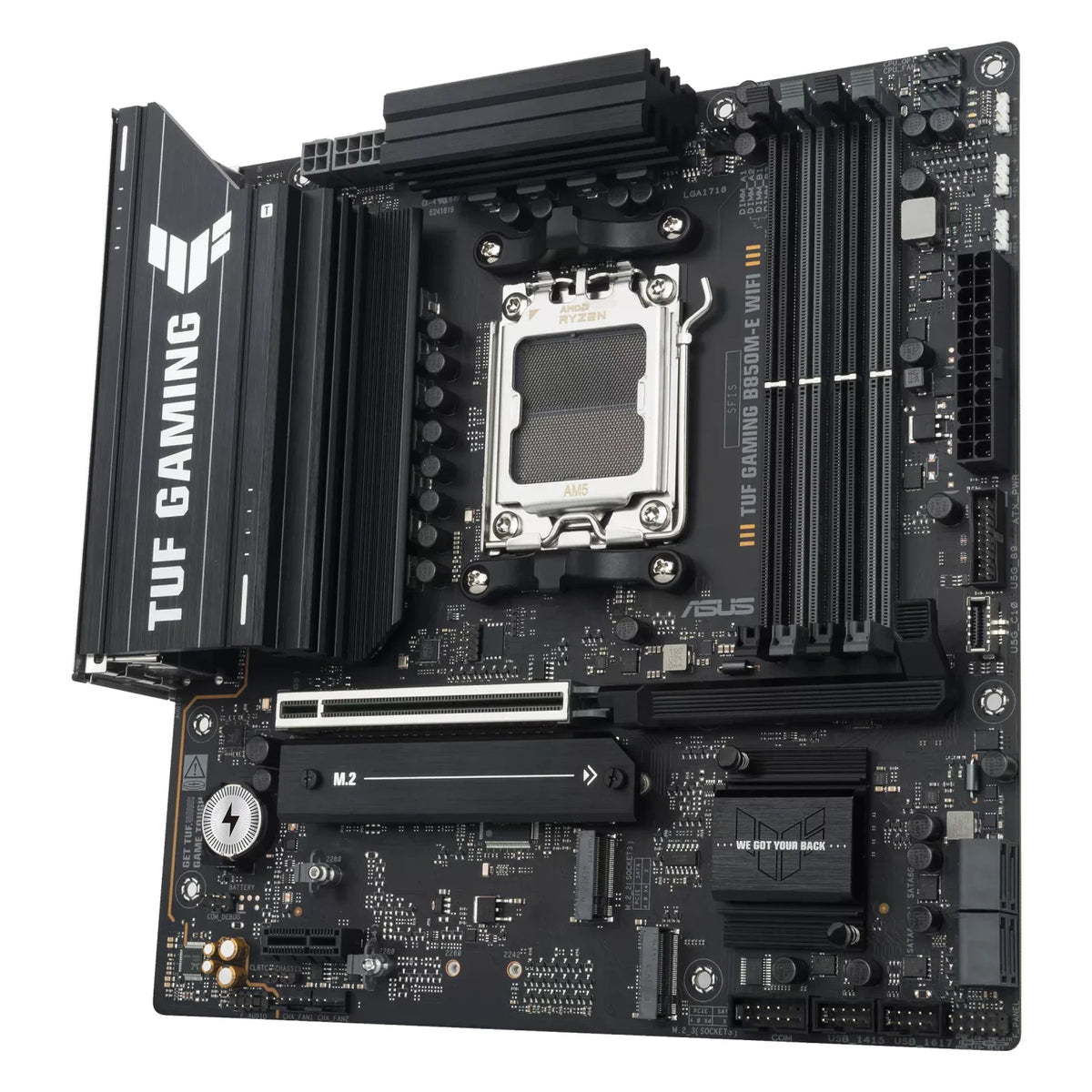 ASUS TUF GAMING B850M-E WIFI — vue produit 3 sur fond blanc carré — réf. 90MB1LS0-M0EAY0