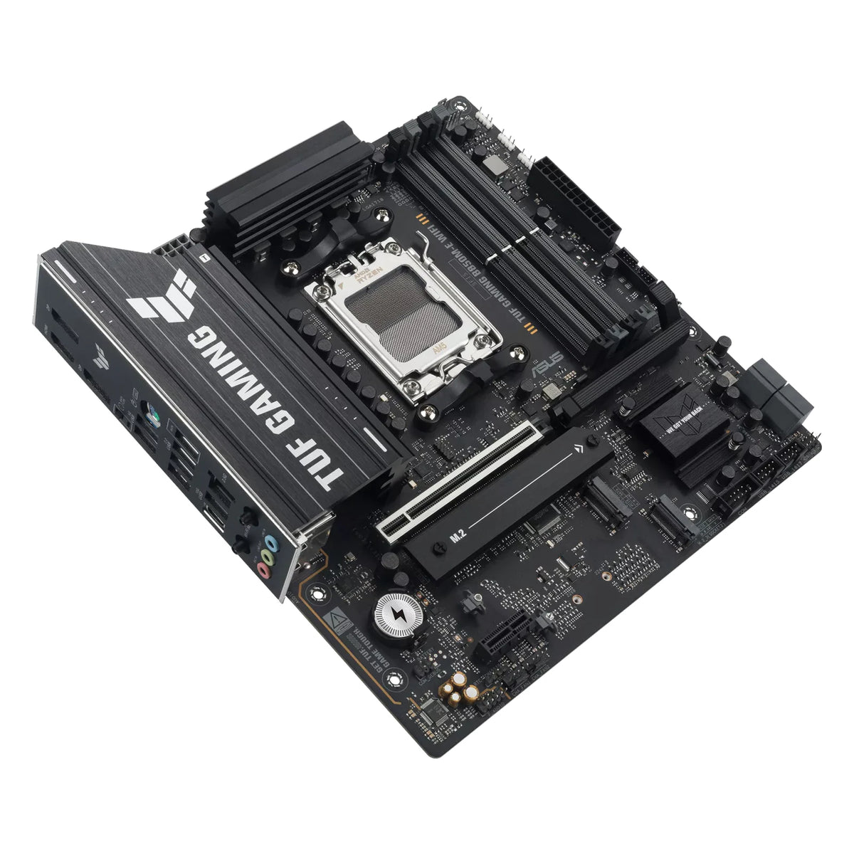 ASUS TUF GAMING B850M-E WIFI — vue produit 4 sur fond blanc carré — réf. 90MB1LS0-M0EAY0