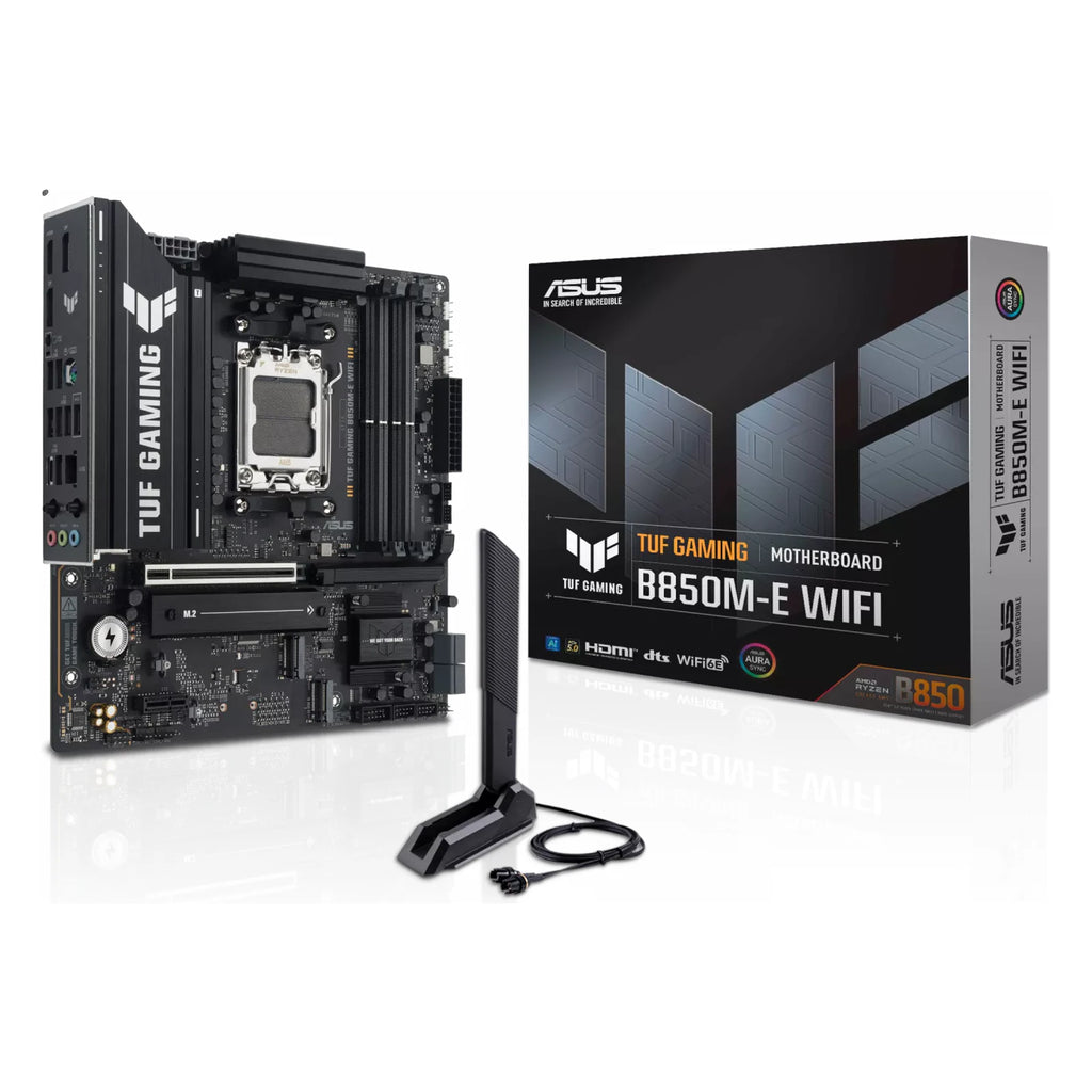 ASUS TUF GAMING B850M-E WIFI — vue avec emballage sur fond blanc carré — réf. 90MB1LS0-M0EAY0