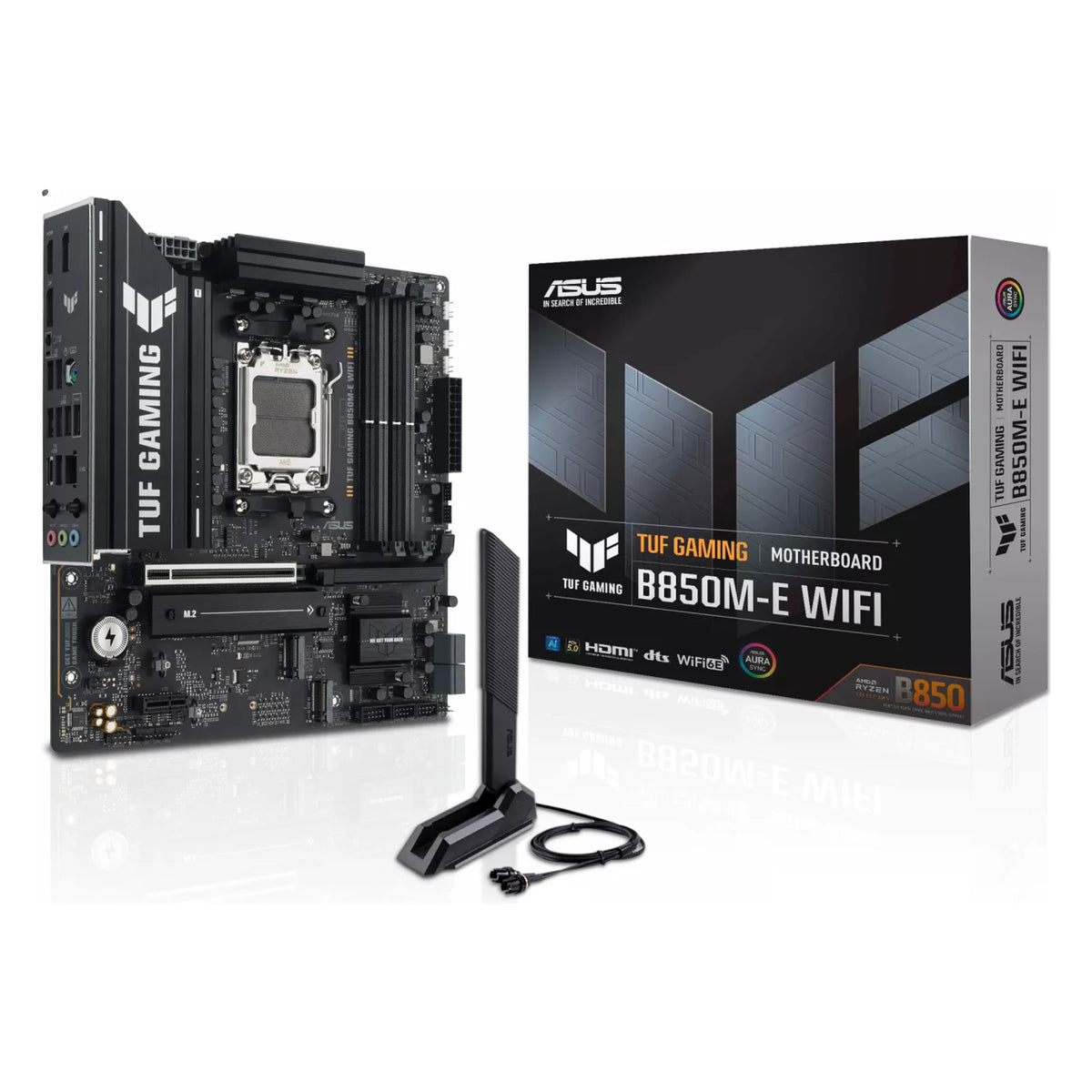 ASUS TUF GAMING B850M-E WIFI — vue avec emballage sur fond blanc carré — réf. 90MB1LS0-M0EAY0