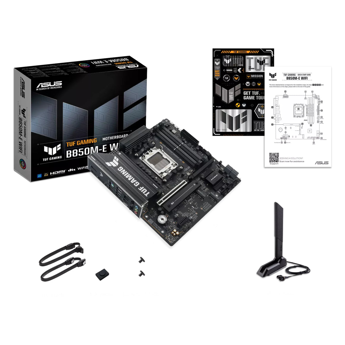 ASUS TUF GAMING B850M-E WIFI — vue avec emballage sur fond blanc carré — réf. 90MB1LS0-M0EAY0