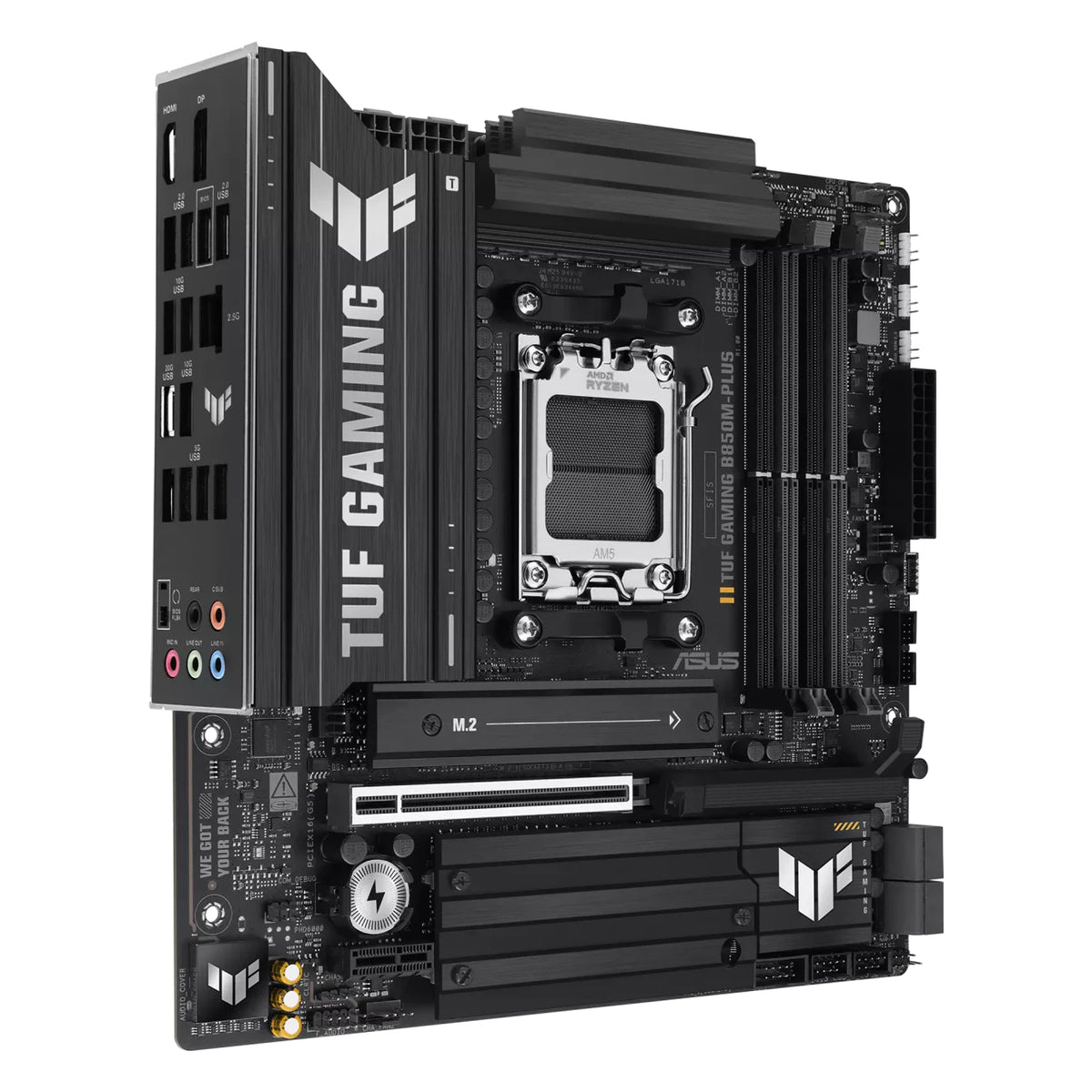 ASUS TUF GAMING B850M-PLUS — vue de face à 90 degrés sur fond blanc carré — réf. 90MB1IX0-M0EAY0