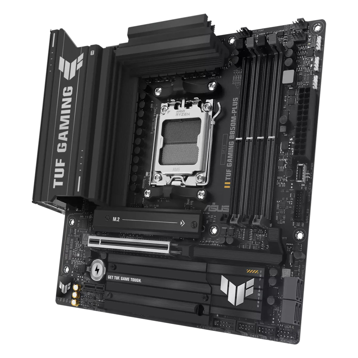 ASUS TUF GAMING B850M-PLUS — vue en perspective à 60 degrés sur fond blanc carré — réf. 90MB1IX0-M0EAY0