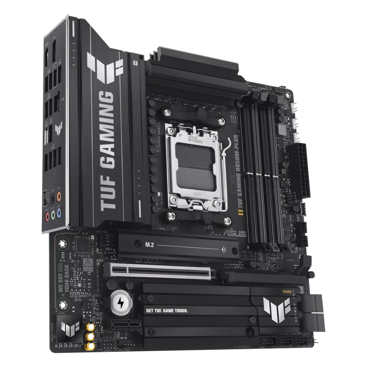 ASUS TUF GAMING B850M-PLUS — connectique arrière sur fond blanc carré — réf. 90MB1IX0-M0EAY0