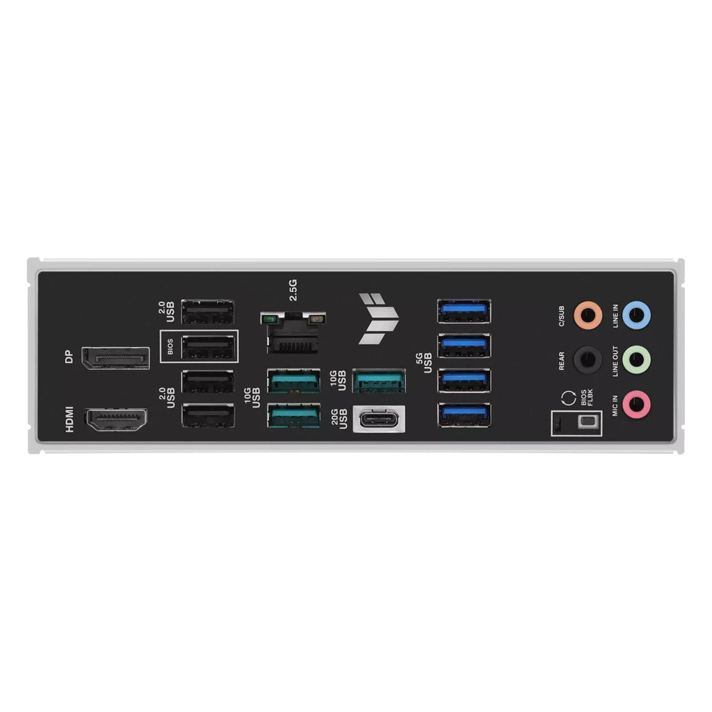 ASUS TUF GAMING B850M-PLUS — connectique arrière sur fond blanc carré — réf. 90MB1IX0-M0EAY0