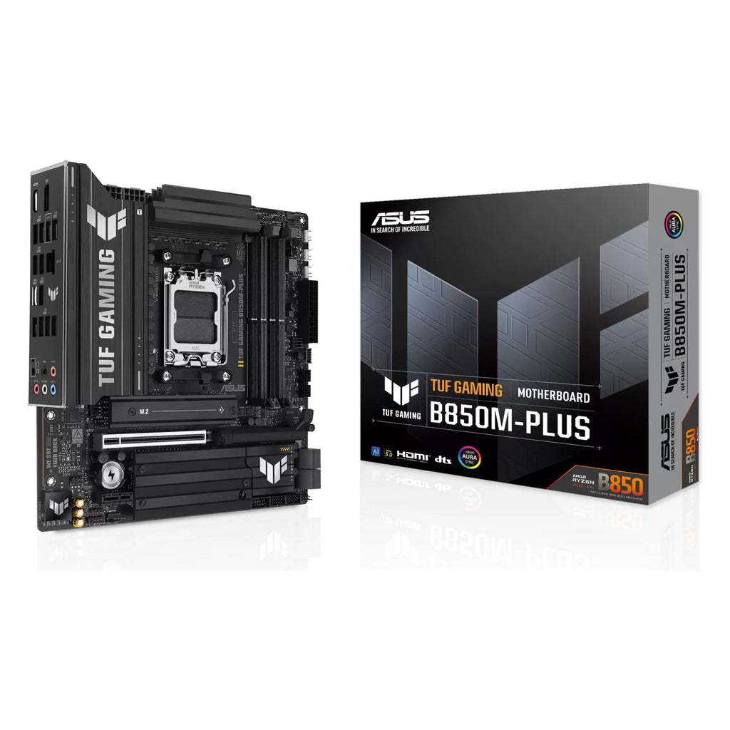 ASUS TUF GAMING B850M-PLUS — vue de face à 90 degrés sur fond blanc carré — réf. 90MB1IX0-M0EAY0