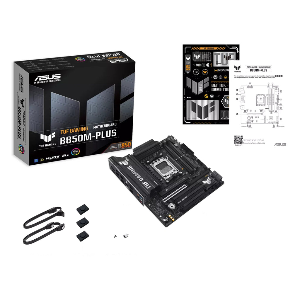 ASUS TUF GAMING B850M-PLUS — contenu de la boîte sur fond blanc carré — réf. 90MB1IX0-M0EAY0