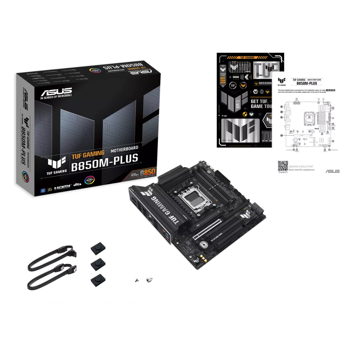 ASUS TUF GAMING B850M-PLUS — contenu de la boîte sur fond blanc carré — réf. 90MB1IX0-M0EAY0