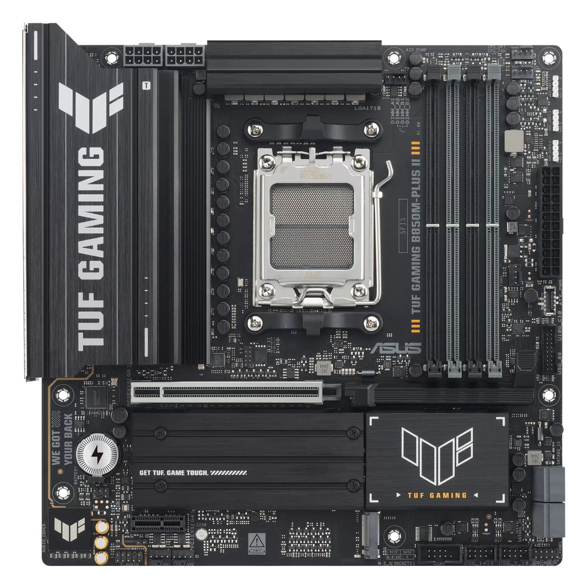 ASUS TUF GAMING B850M-PLUS II — vue principale sur fond blanc carré — réf. 90MB1MT0-M0EAY0