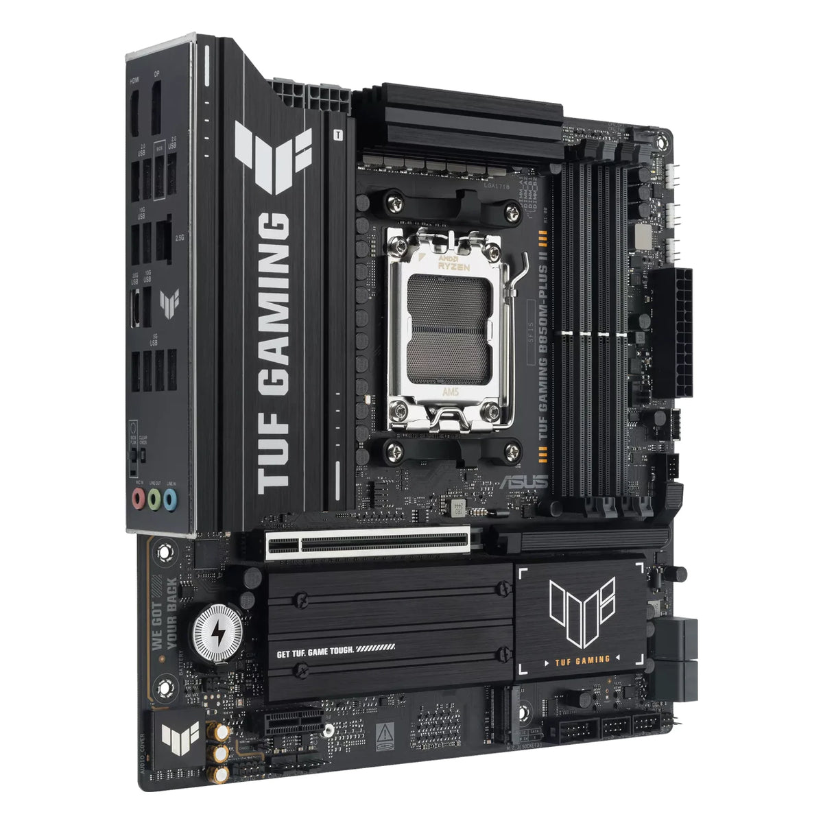 ASUS TUF GAMING B850M-PLUS II — connectique arrière sur fond blanc carré — réf. 90MB1MT0-M0EAY0