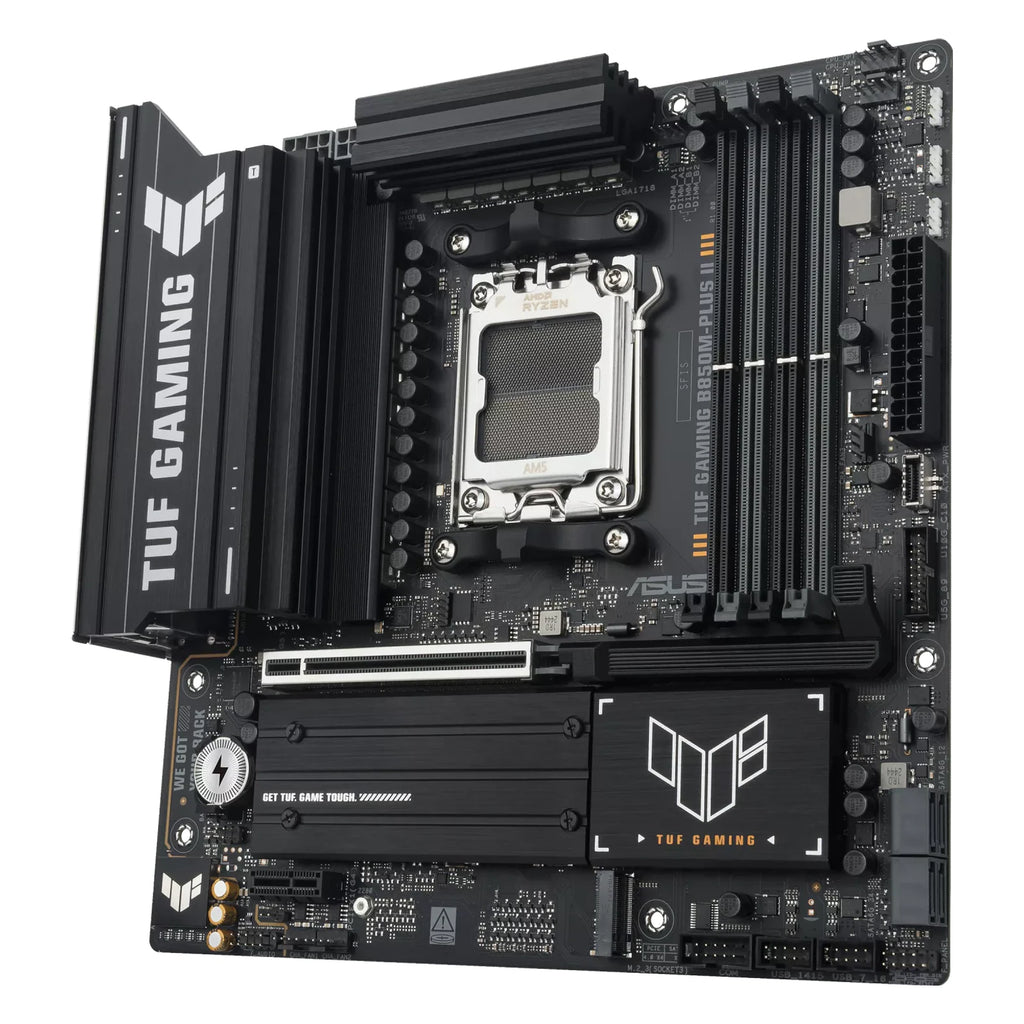 ASUS TUF GAMING B850M-PLUS II — vue en perspective à 60 degrés sur fond blanc carré — réf. 90MB1MT0-M0EAY0