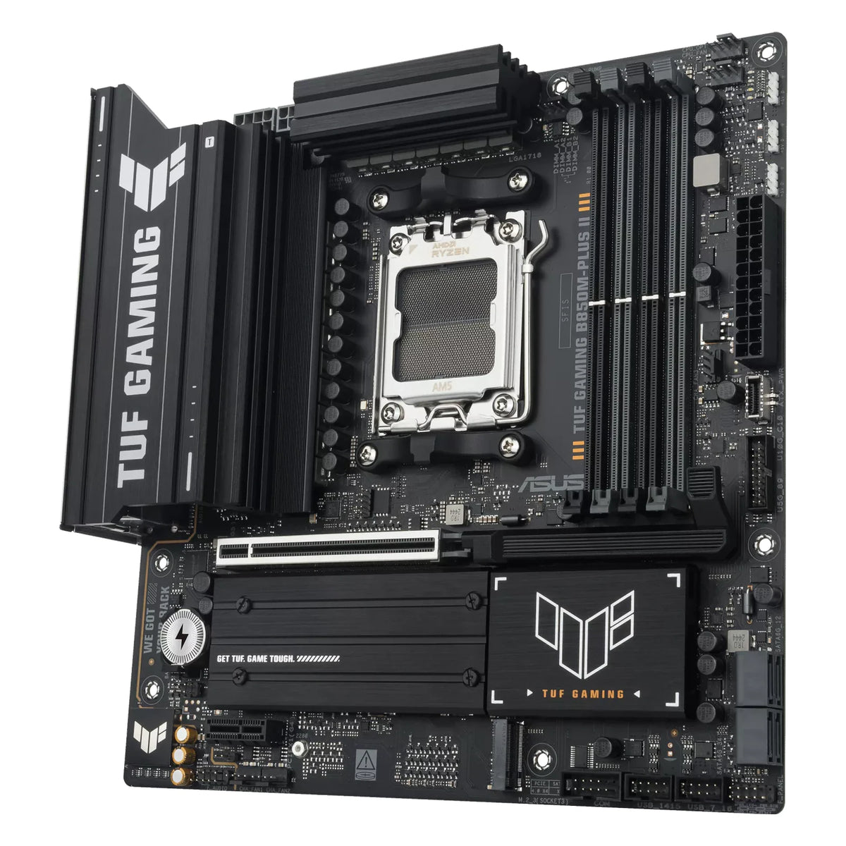 ASUS TUF GAMING B850M-PLUS II — vue en perspective à 60 degrés sur fond blanc carré — réf. 90MB1MT0-M0EAY0