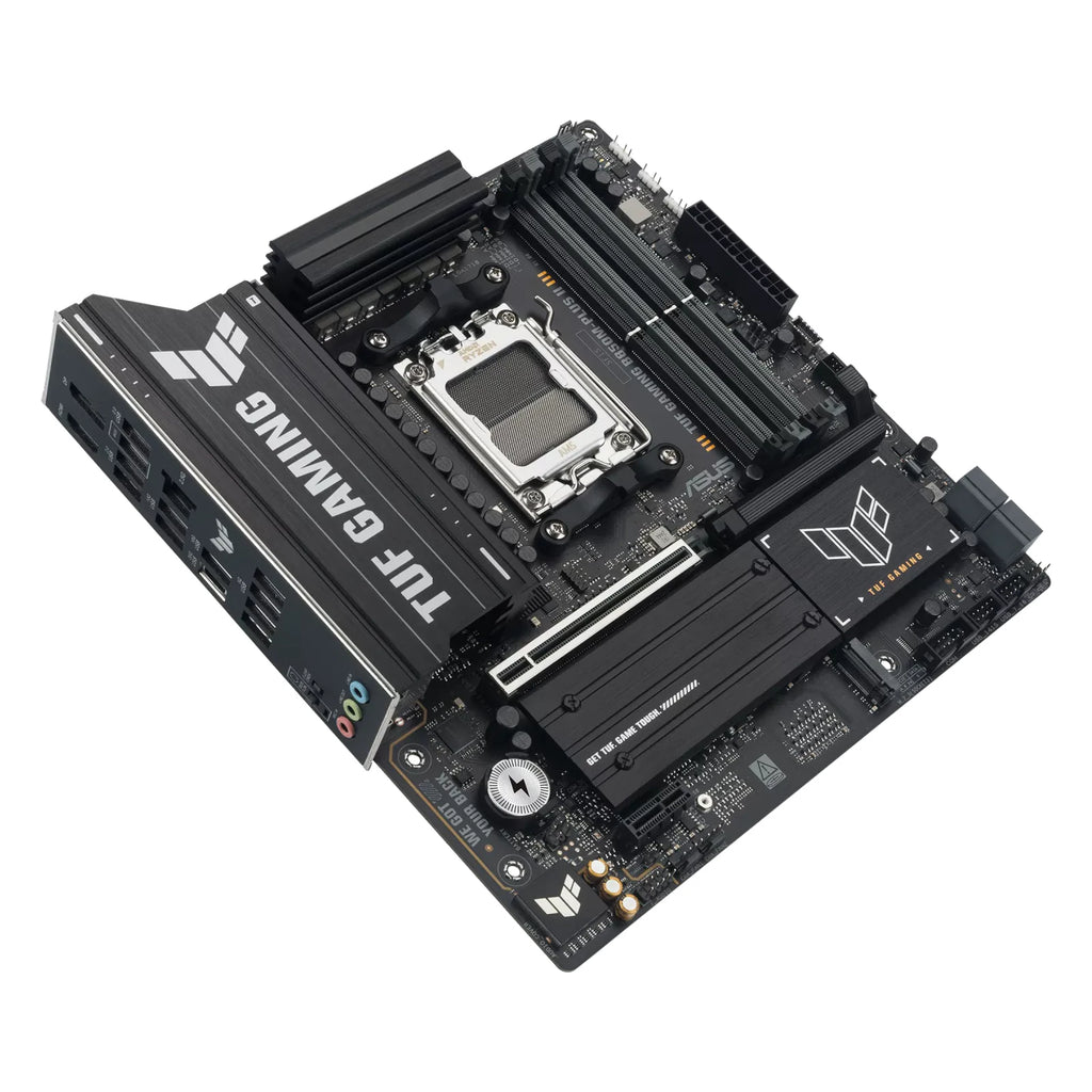 ASUS TUF GAMING B850M-PLUS II — vue en perspective à 45 degrés sur fond blanc carré — réf. 90MB1MT0-M0EAY0