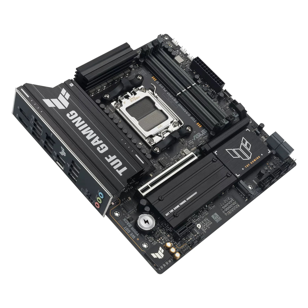 ASUS TUF GAMING B850M-PLUS II — vue en perspective à 45 degrés sur fond blanc carré — réf. 90MB1MT0-M0EAY0