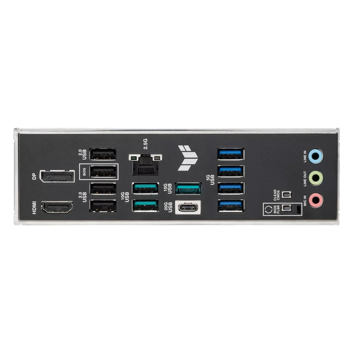 ASUS TUF GAMING B850M-PLUS II — connectique arrière sur fond blanc carré — réf. 90MB1MT0-M0EAY0