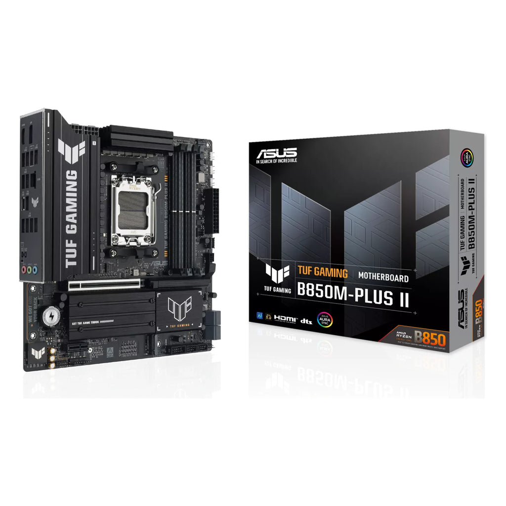 ASUS TUF GAMING B850M-PLUS II — vue de face à 90 degrés sur fond blanc carré — réf. 90MB1MT0-M0EAY0