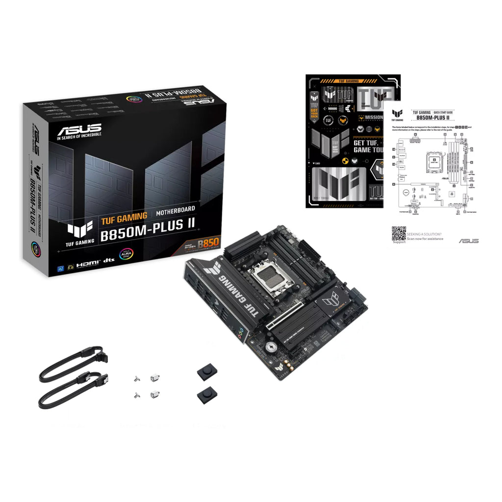ASUS TUF GAMING B850M-PLUS II — contenu de la boîte sur fond blanc carré — réf. 90MB1MT0-M0EAY0