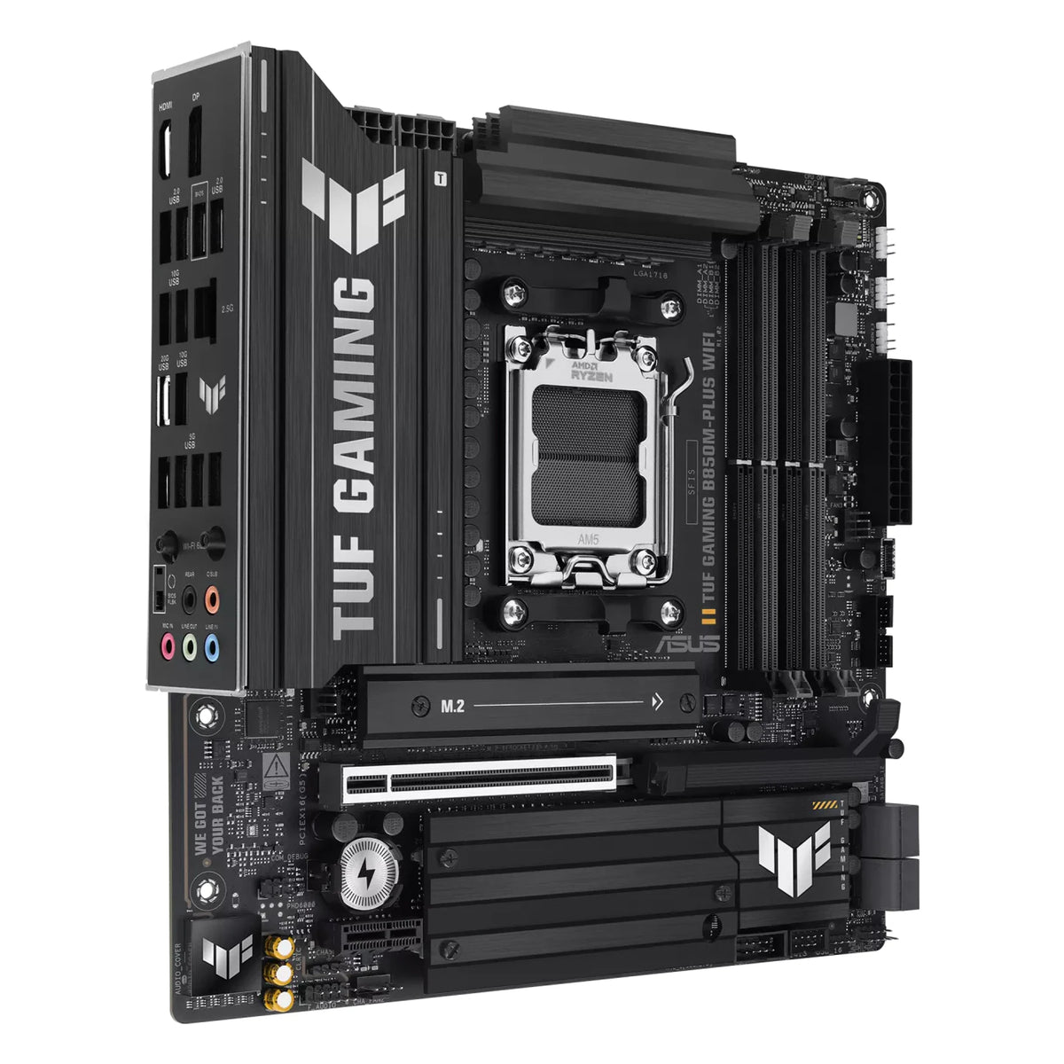 ASUS TUF GAMING B850M-PLUS WIFI — vue de face à 90 degrés sur fond blanc carré — réf. 90MB1IY0-M0EAY0