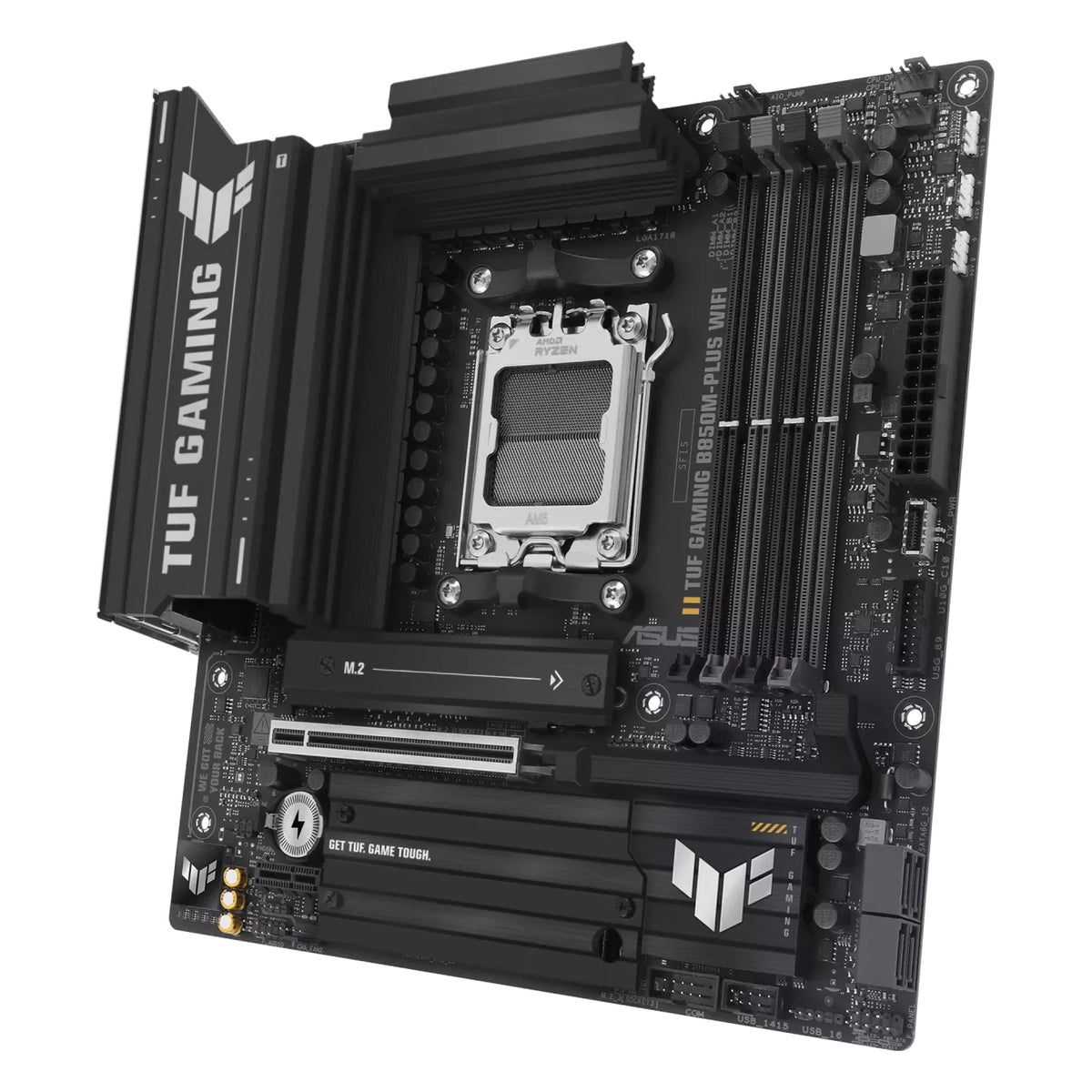 ASUS TUF GAMING B850M-PLUS WIFI — vue en perspective à 60 degrés sur fond blanc carré — réf. 90MB1IY0-M0EAY0