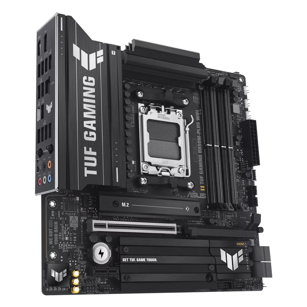 ASUS TUF GAMING B850M-PLUS WIFI — connectique arrière sur fond blanc carré — réf. 90MB1IY0-M0EAY0