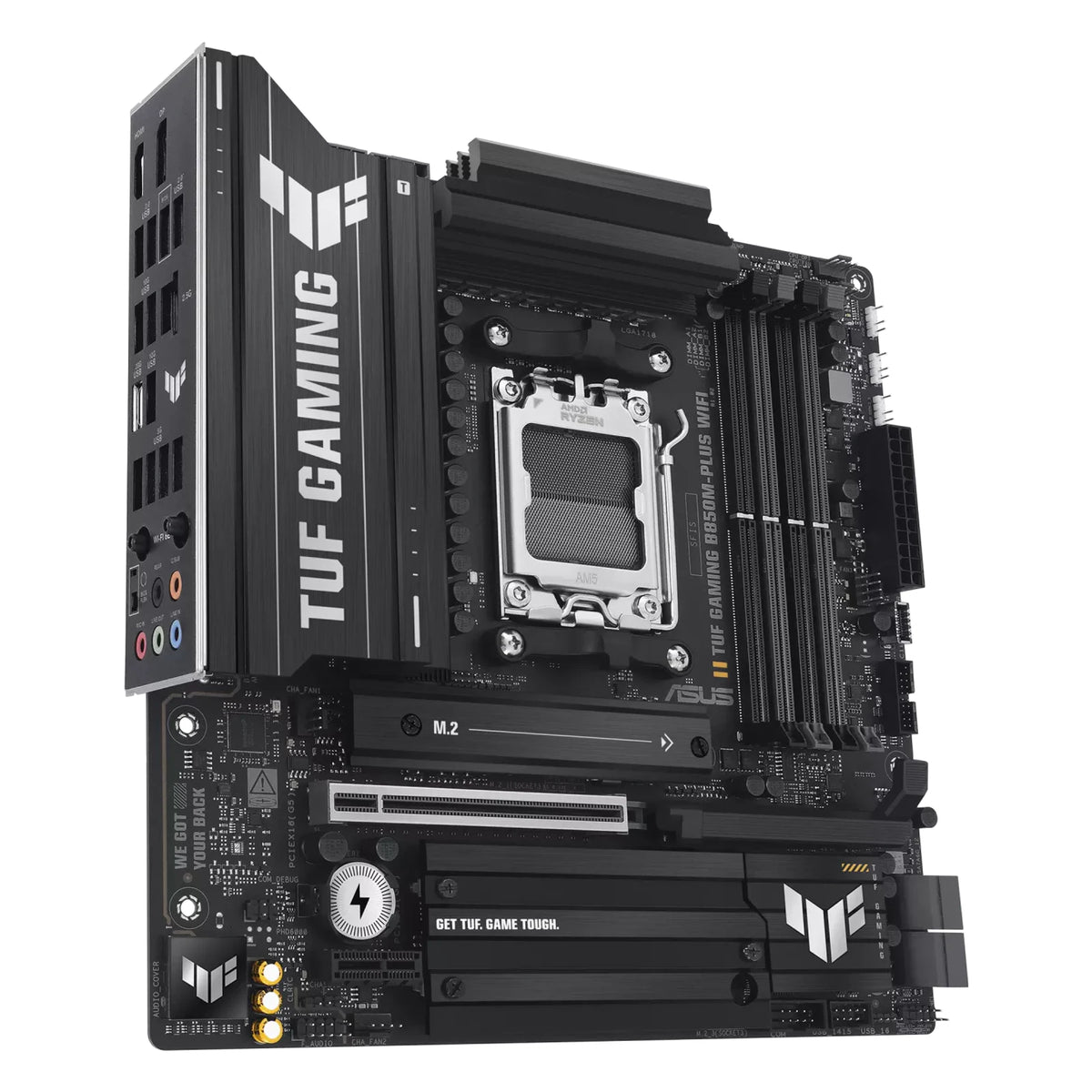 ASUS TUF GAMING B850M-PLUS WIFI — connectique arrière sur fond blanc carré — réf. 90MB1IY0-M0EAY0