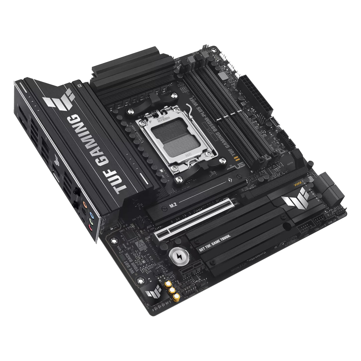 ASUS TUF GAMING B850M-PLUS WIFI — vue en perspective à 45 degrés sur fond blanc carré — réf. 90MB1IY0-M0EAY0