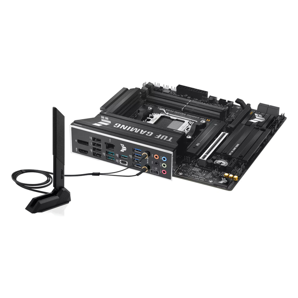 ASUS TUF GAMING B850M-PLUS WIFI — vue avec antenne Wi-Fi sur fond blanc carré — réf. 90MB1IY0-M0EAY0