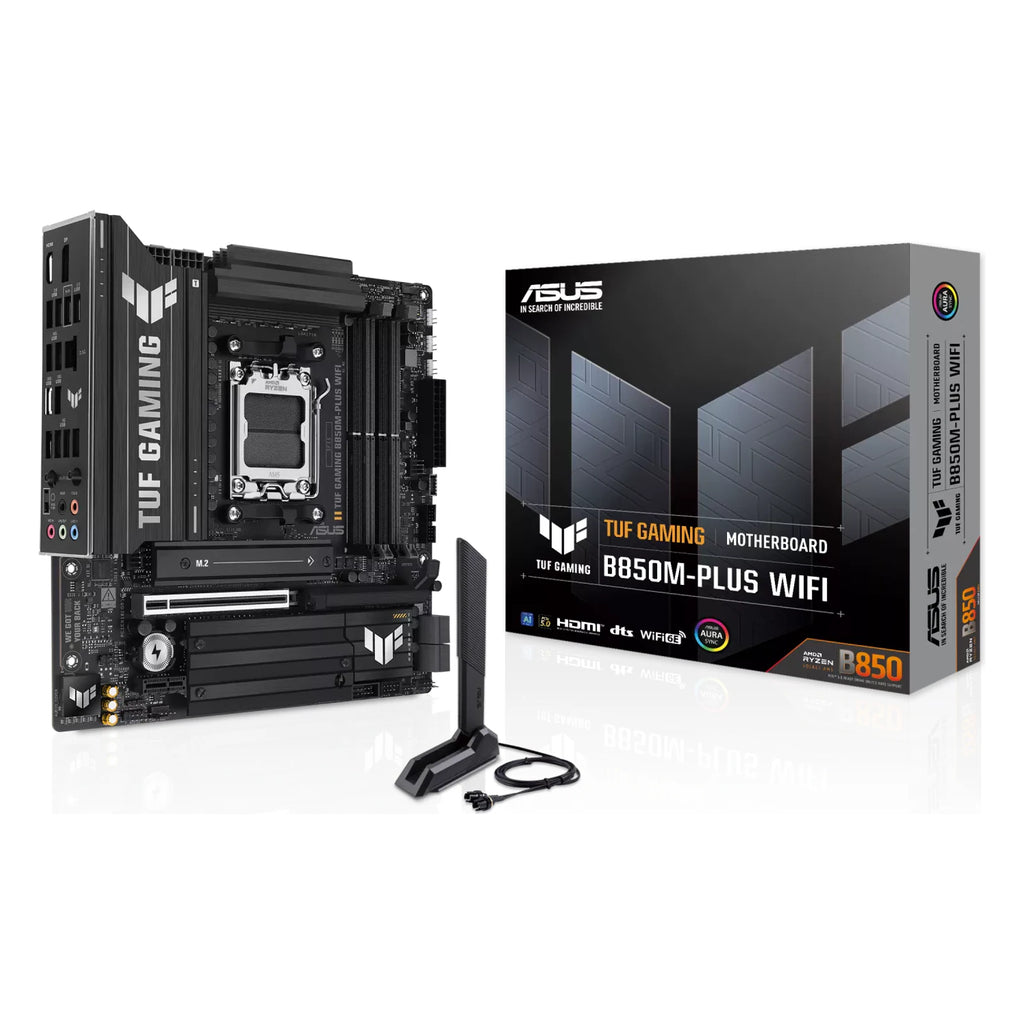 ASUS TUF GAMING B850M-PLUS WIFI — vue de face à 90 degrés sur fond blanc carré — réf. 90MB1IY0-M0EAY0