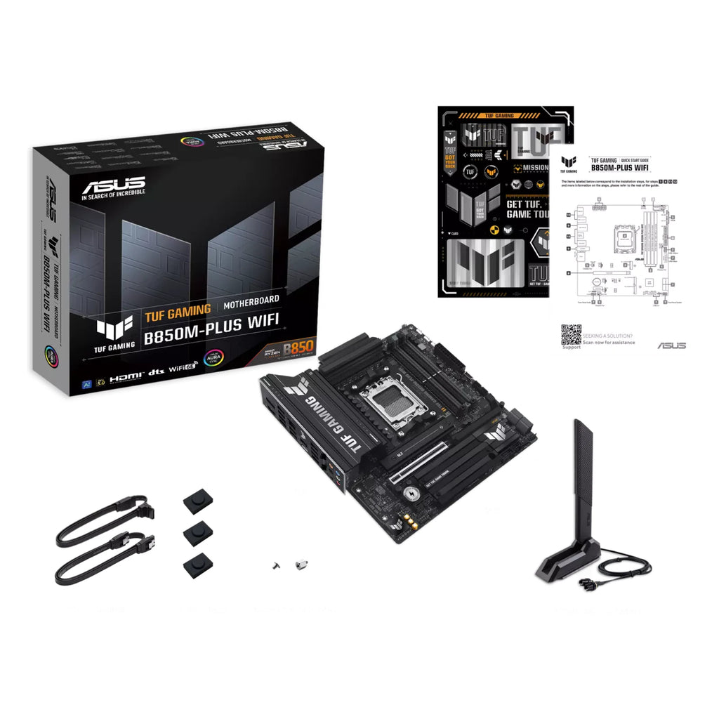 ASUS TUF GAMING B850M-PLUS WIFI — contenu de la boîte sur fond blanc carré — réf. 90MB1IY0-M0EAY0