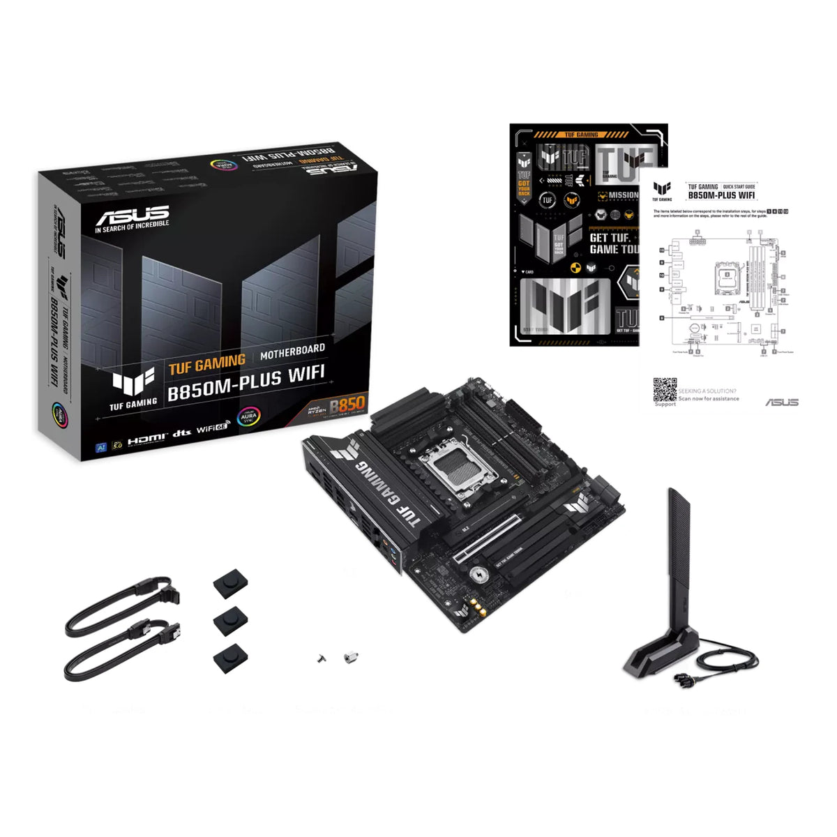 ASUS TUF GAMING B850M-PLUS WIFI — contenu de la boîte sur fond blanc carré — réf. 90MB1IY0-M0EAY0