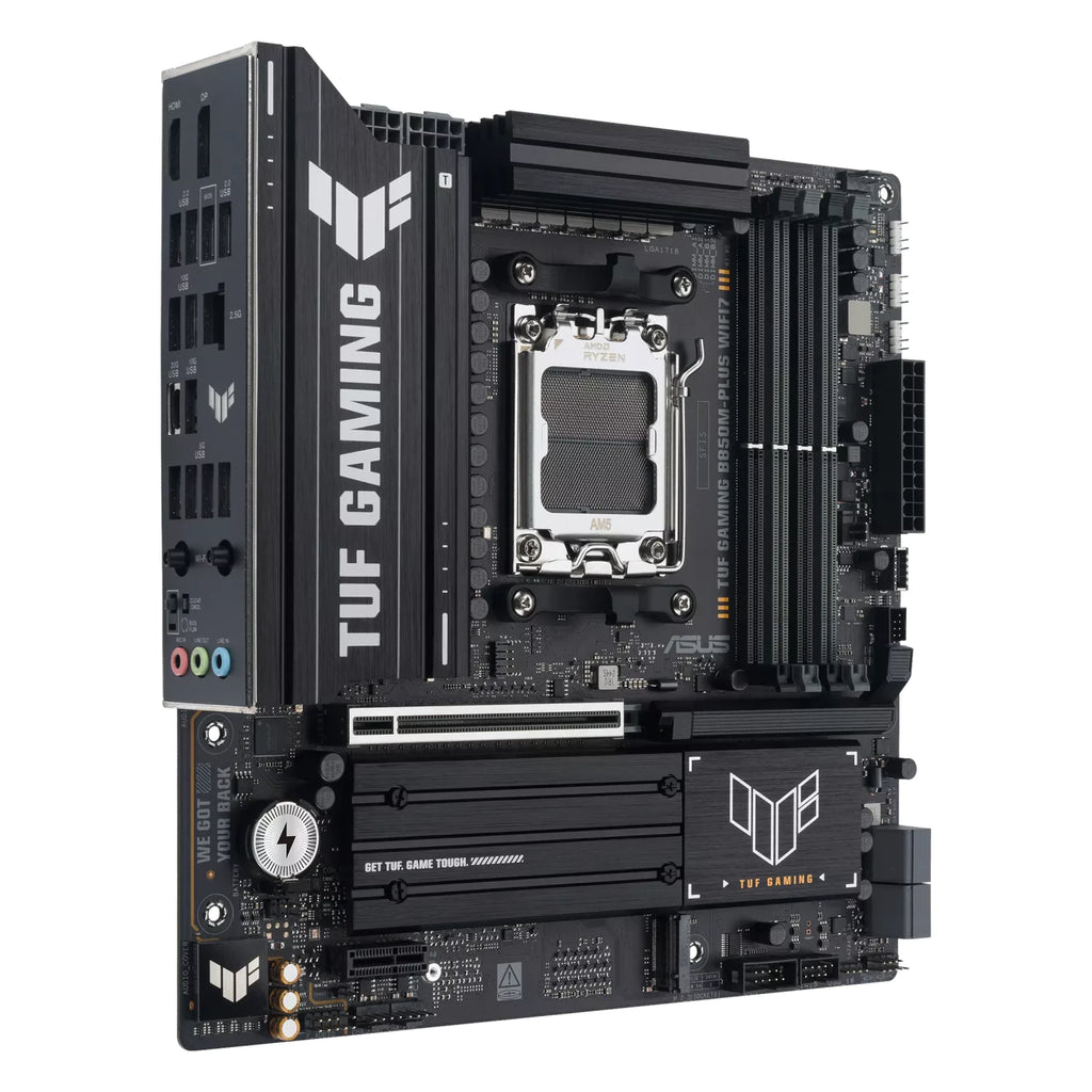 ASUS TUF GAMING B850M-PLUS WIFI7 — connectique arrière sur fond blanc carré — réf. 90MB1MU0-M0EAY0