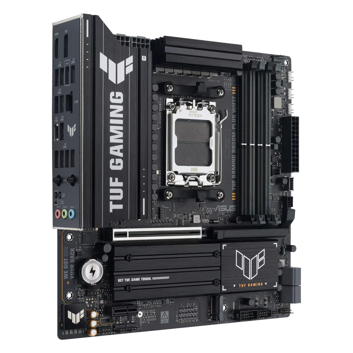 ASUS TUF GAMING B850M-PLUS WIFI7 — connectique arrière sur fond blanc carré — réf. 90MB1MU0-M0EAY0