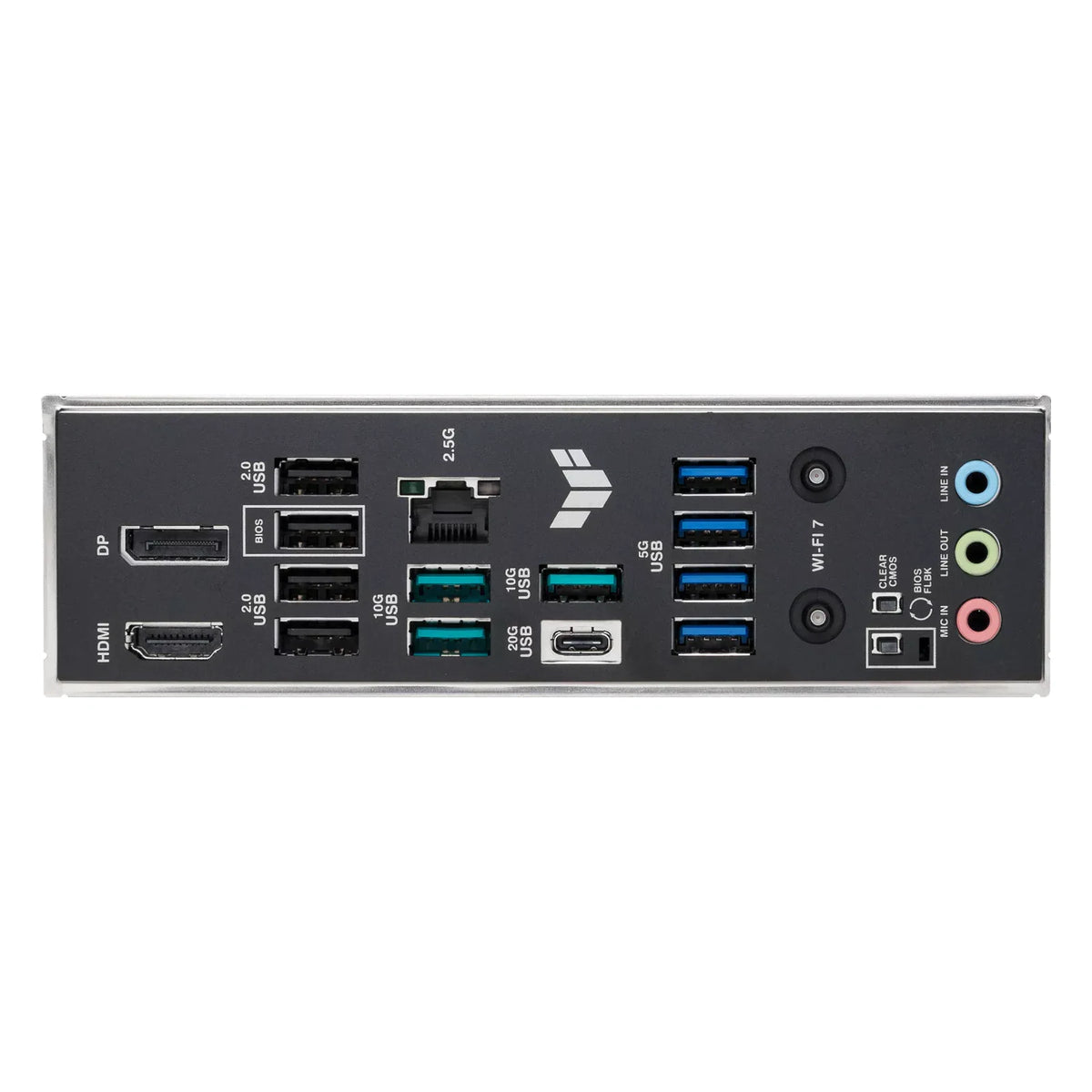 ASUS TUF GAMING B850M-PLUS WIFI7 — connectique arrière sur fond blanc carré — réf. 90MB1MU0-M0EAY0