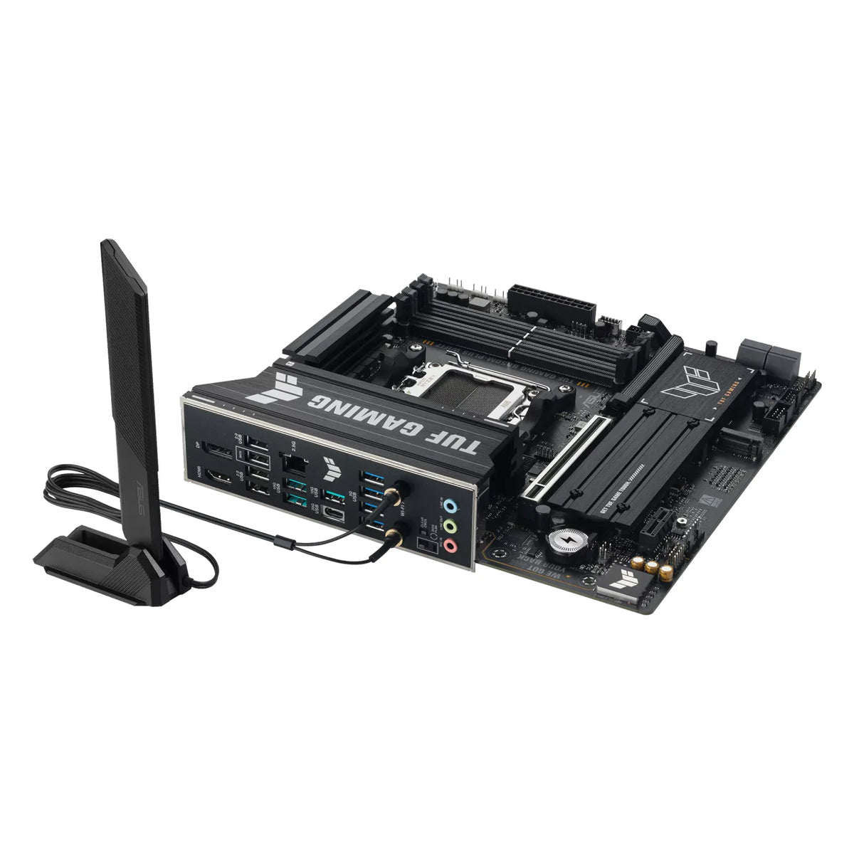 ASUS TUF GAMING B850M-PLUS WIFI7 — vue avec antenne Wi-Fi sur fond blanc carré — réf. 90MB1MU0-M0EAY0