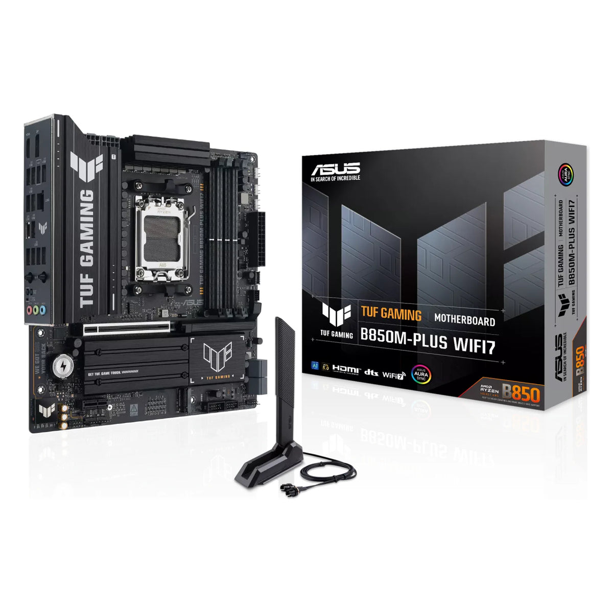 ASUS TUF GAMING B850M-PLUS WIFI7 — vue de face à 90 degrés sur fond blanc carré — réf. 90MB1MU0-M0EAY0
