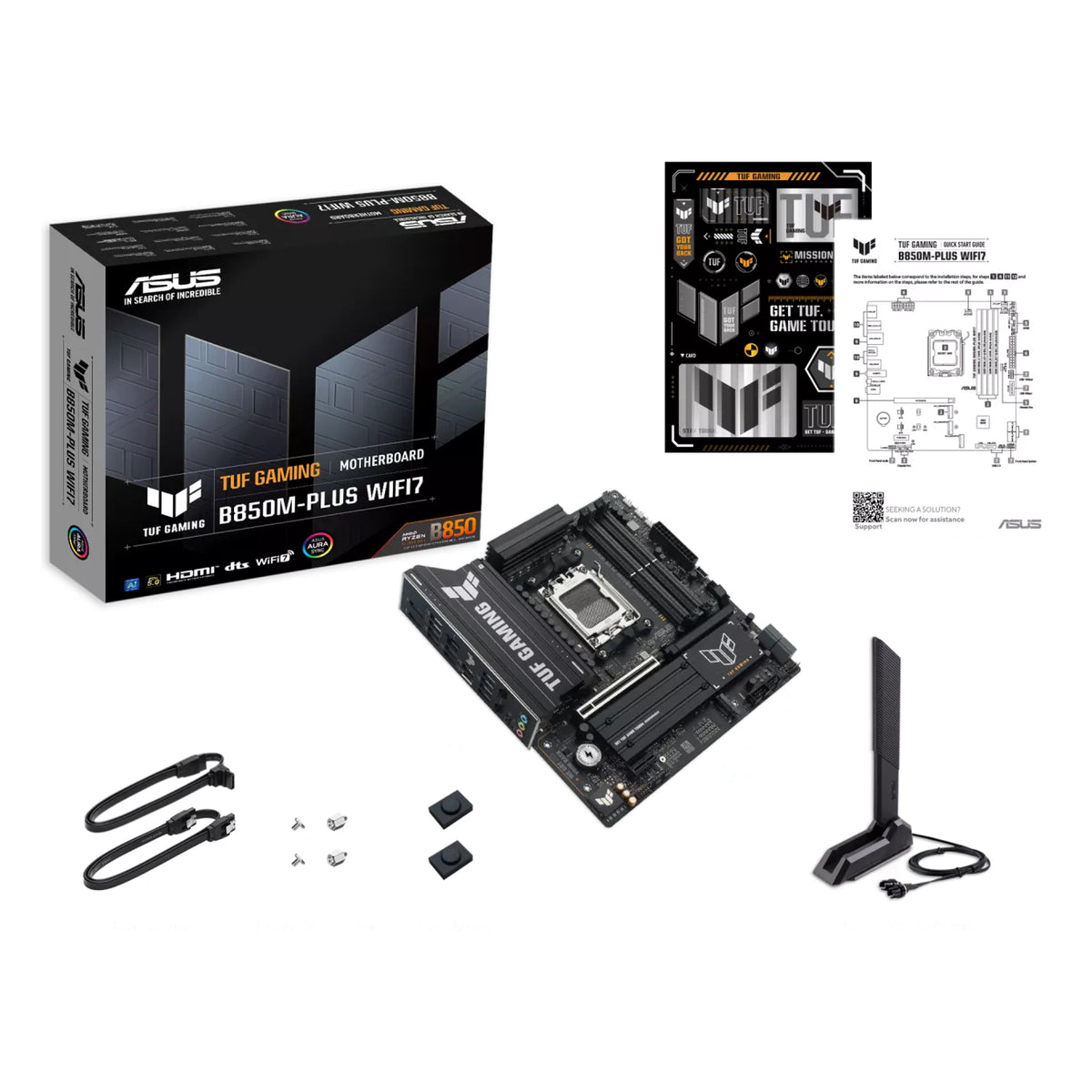 ASUS TUF GAMING B850M-PLUS WIFI7 — contenu de la boîte sur fond blanc carré — réf. 90MB1MU0-M0EAY0