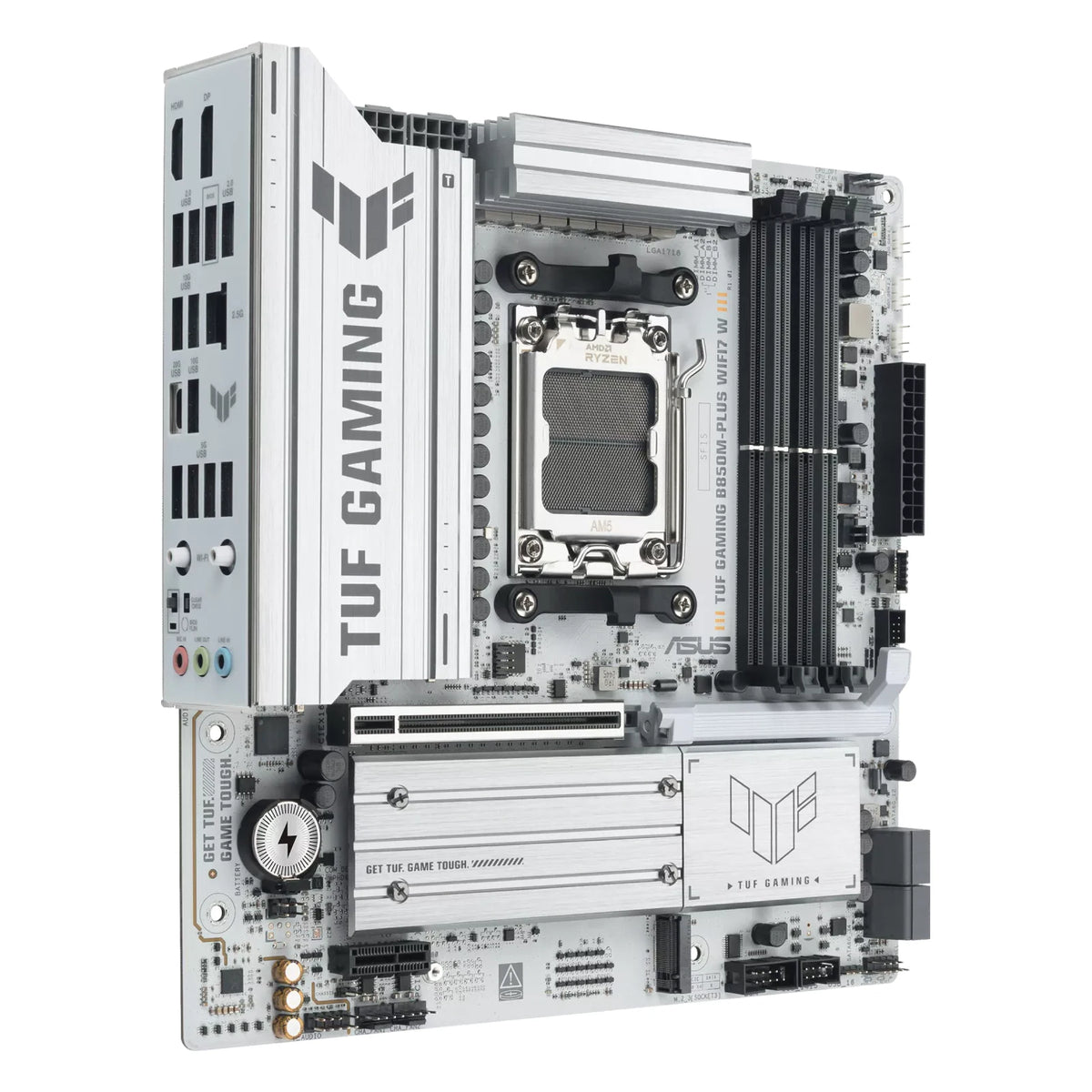 ASUS TUF GAMING B850M-PLUS WIFI7 W — vue de face à 90 degrés sur fond blanc carré — réf. 90MB1MD0-M0EAY0
