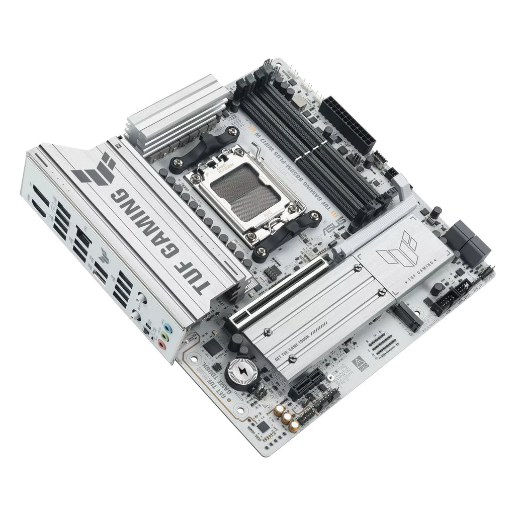 ASUS TUF GAMING B850M-PLUS WIFI7 W — connectique arrière sur fond blanc carré — réf. 90MB1MD0-M0EAY0