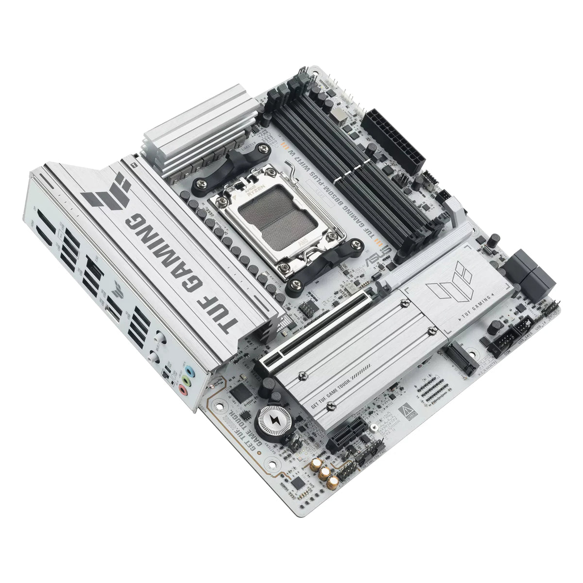 ASUS TUF GAMING B850M-PLUS WIFI7 W — connectique arrière sur fond blanc carré — réf. 90MB1MD0-M0EAY0