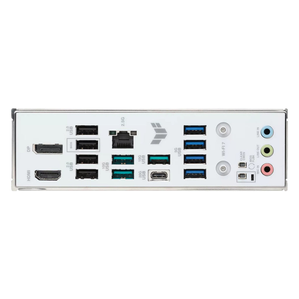 ASUS TUF GAMING B850M-PLUS WIFI7 W — connectique arrière sur fond blanc carré — réf. 90MB1MD0-M0EAY0