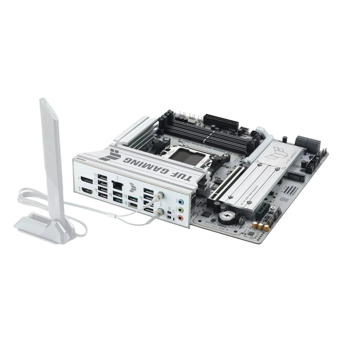 ASUS TUF GAMING B850M-PLUS WIFI7 W — vue avec antenne Wi-Fi sur fond blanc carré — réf. 90MB1MD0-M0EAY0