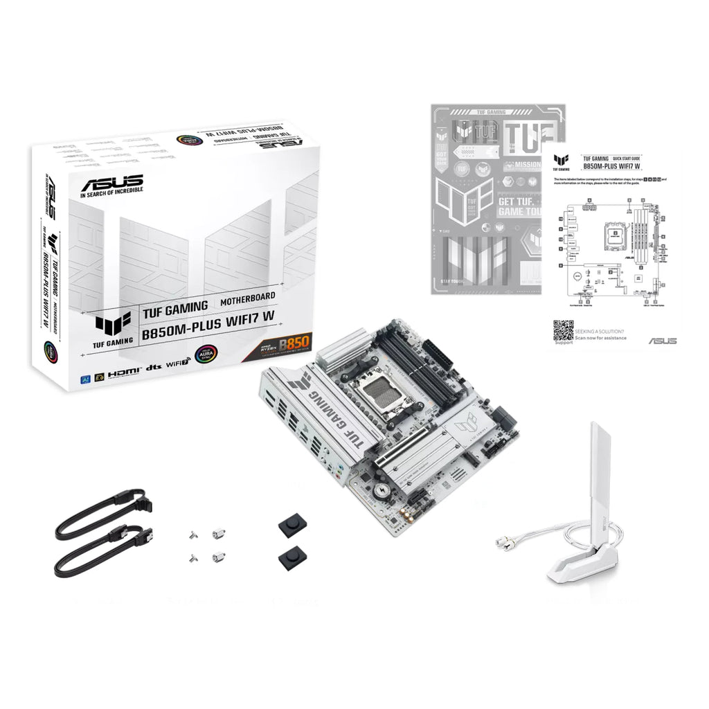 ASUS TUF GAMING B850M-PLUS WIFI7 W — contenu de la boîte sur fond blanc carré — réf. 90MB1MD0-M0EAY0