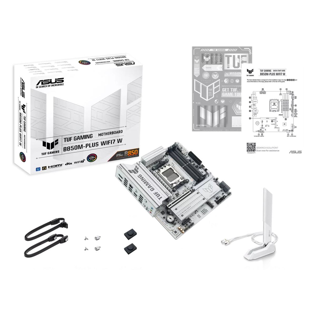 ASUS TUF GAMING B850M-PLUS WIFI7 W — contenu de la boîte sur fond blanc carré — réf. 90MB1MD0-M0EAY0