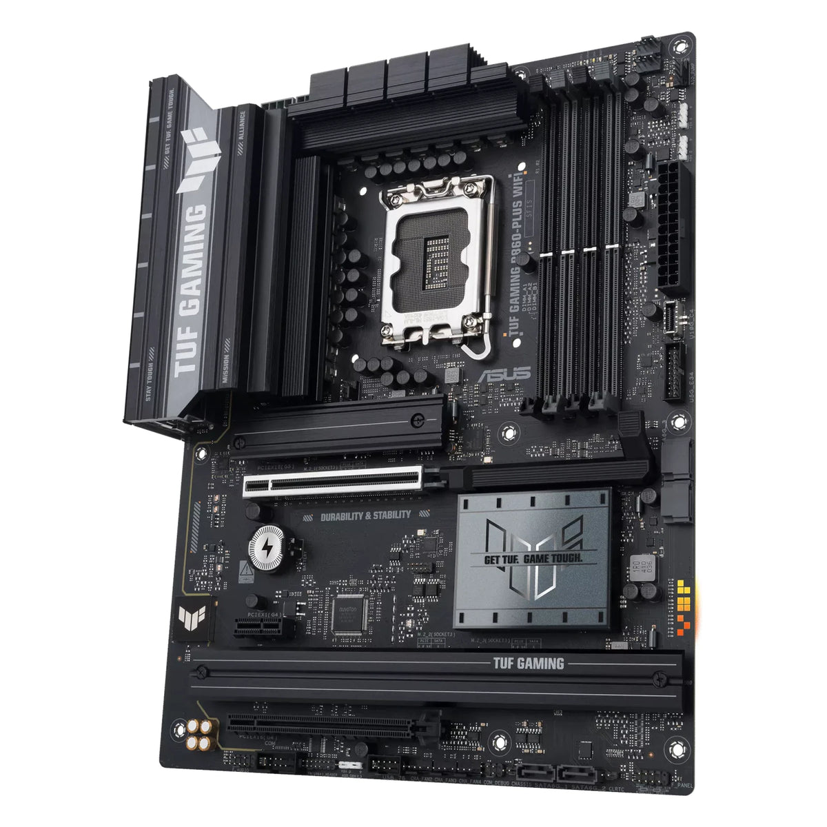 ASUS TUF GAMING B860-PLUS WIFI — vue produit 3 sur fond blanc carré — réf. 90MB1JL0-M0EAY0