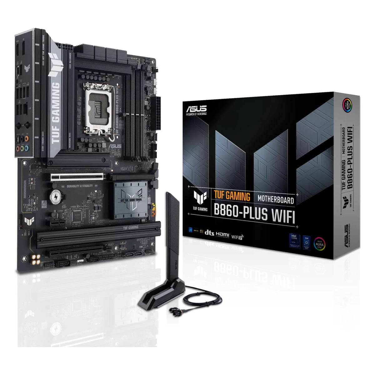 ASUS TUF GAMING B860-PLUS WIFI — vue avec emballage sur fond blanc carré — réf. 90MB1JL0-M0EAY0